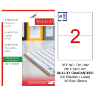 Tanex TW-2102 Lazer Etiketi 210 mm x 148.5 mm Beyaz 100'lü