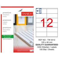 Tanex TW-2512 Lazer Etiketi 105 mm x 46 mm Beyaz 100 Sayfa