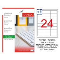 Tanex TW-2533 Düzkenar Etiket64.6X33.8Mm 100Sf Beyaz