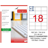 Tanex TW-2218 Düzkenar Etiket 70X46 mm 100 Sayfa Beyaz