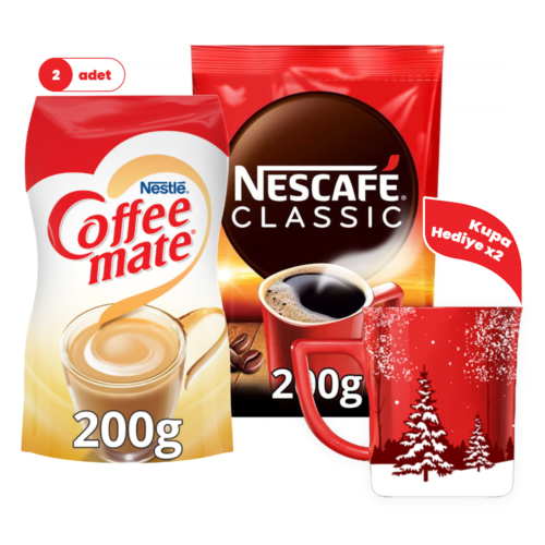 Nescafe Classic 200 Gr 2'li + Coffee Mate 200 Gr 2'li Set – 2 Adet Kırmızı Kupa Hediyeli Nescafe Classic 200 Gr 2'li + Coffee Mate 200 Gr 2'li Set – 2 Adet Kırmızı Kupa Hediyeli