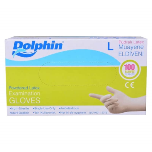 Dolphin Lateks Pudralı Eldiven Large Beyaz 100'lü Paket