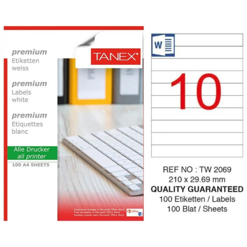 Tanex TW-2069 Düzkenar Etiket210X29,69MM 100SF Beyaz