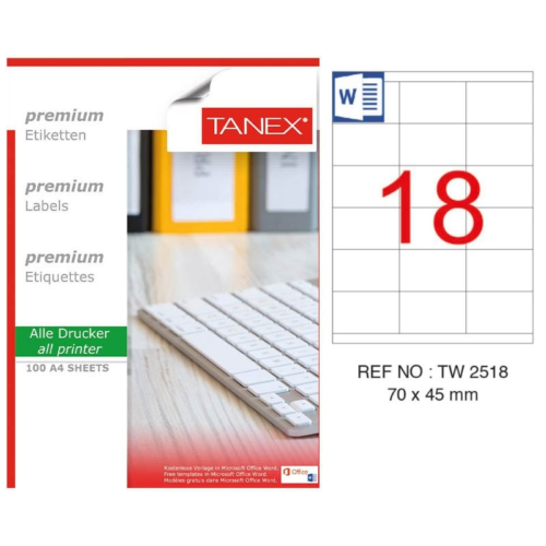 Tanex TW-2518 Lazer Etiket 70 MM X 45 MM Beyaz