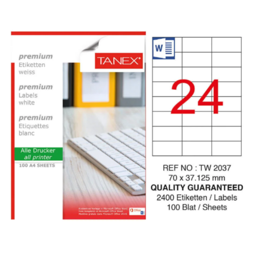 Tanex TW-2037 Düzkenar Etiket 70X37.125 mm 100 Sayfa Beyaz