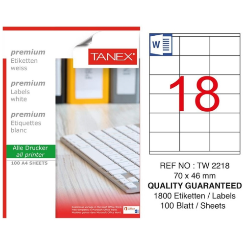 Tanex TW-2218 Düzkenar Etiket 70X46 mm 100 Sayfa Beyaz