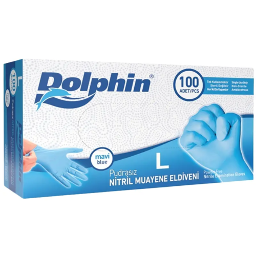 Dolphin Pudrasız Nitril Eldiven Large Mavi 100'lü Paket Dolphin Pudrasız Nitril Eldiven Large Mavi 100'lü Paket